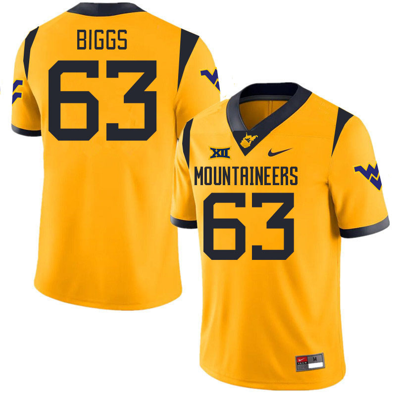 #63 Bryce Biggs West Virginia Mountaineers College 2024 New Uniforms Football Jerseys Stitched Sale-Gold